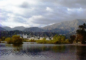 View of JPL on the shores of lovely Lake Hahamongna, with the majestic San Gabriels in the background